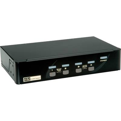 Ein schwarzer 4-Port-KVM-Switch mit Tasten für 'Scan', 'Auto Scan', Anschlüsse 1 bis 4 und eine Power-Anzeige auf der Vorderseite.