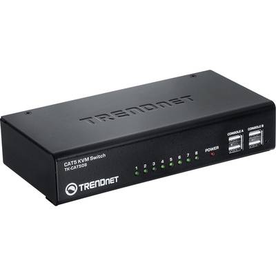 Ein schwarzer CAT5 KVM-Schalter von TRENDnet mit acht Ports und zwei Konsolenanschlüssen, Anzeigeleuchten und POWER-Taste.