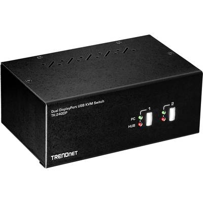 Ein schwarzer KVM-Switch von Trendnet mit USB- und DisplayPort-Anschlüssen, zwei LED-Anzeigen für PC und HUB; Modell TK-240DP.