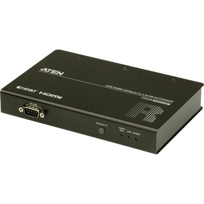 Aten USB-HDMI-Extender, HDBaseT 2.0, KVM, schwarzes Gerät mit RS-232-Anschluss und Kontrollleuchte.