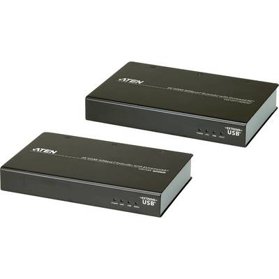 Zwei schwarze KVM-Extender von 'ATEN', Modell VE813. Sie unterstützen 4K HDMI-Übertragung über große Entfernungen mittels USB.