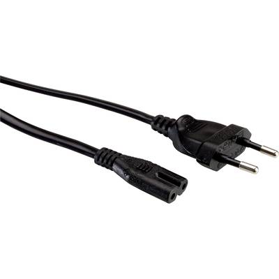 Ein schwarzes Netzkabel mit einem Eurostecker auf der einen Seite und einem zweipoligen Anschluss auf der anderen.