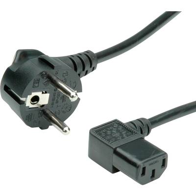'Ein schwarzes Netzkabel mit einem Schukostecker auf der einen Seite und einem IEC C13 Stecker auf der anderen.'