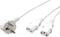 Weißes Netzkabel mit Schuko-Stecker und zwei Kaltgerätebuchsen. Geeignet zur Stromversorgung von Computerhardware oder Ähnlichem.
