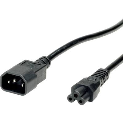Ein schwarzes Netzkabel mit zwei unterschiedlichen Steckern. Links ein quadratischer Stecker, rechts ein runder dreipoliger Stecker.