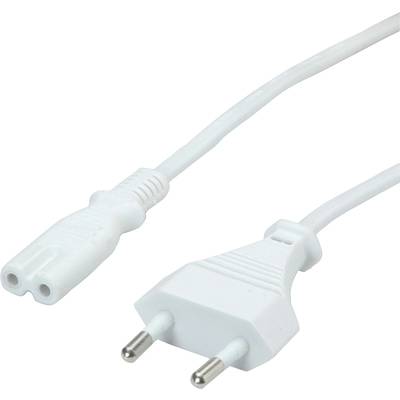 Ein weißes EU-Netzkabel mit einem zweipoligen Stecker ist abgebildet. Der Stecker ist für den Anschluss an eine Steckdose geeignet.