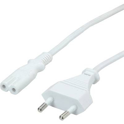 Ein weißes Netzkabel mit europäischem Stecker zeigt den Stecker und Buchse miteinander verbunden.