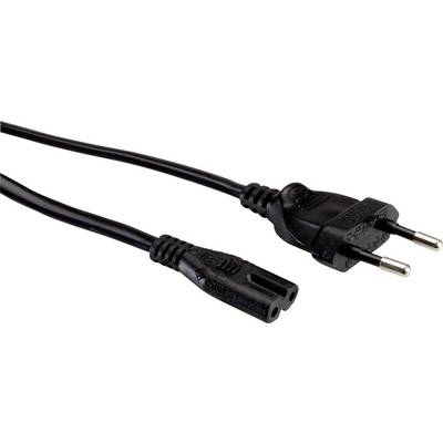 Schwarzes Netzkabel mit Eurostecker und Buchse, weit verbreitet in Europa für elektrische Geräteanschluss.