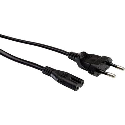Schwarzes Netzkabel mit zweipoligem Eurostecker und zweifacher Buchse, geeignet für europäische Elektrogeräte.