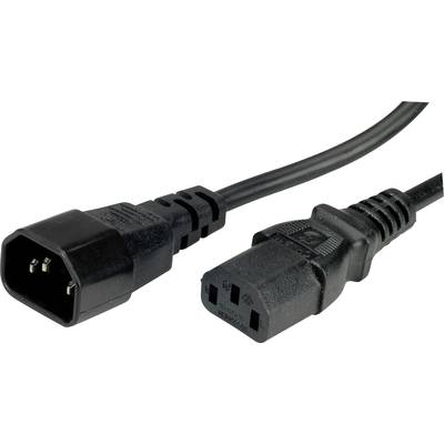 'Schwarzes Kaltgerätekabel mit Stecker und Buchse, geeignet für den Anschluss von PC-Netzteilen an Stromquellen.'