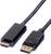 Ein schwarzes Kabel, das auf der einen Seite einen HDMI-Stecker und auf der anderen Seite einen DisplayPort-Stecker zeigt.