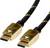 Zwei DisplayPort-Kabel mit vergoldeten Steckern und schwarz-goldenem, geflochtenem Kabel für hochwertige Video- und Audioübertragung.