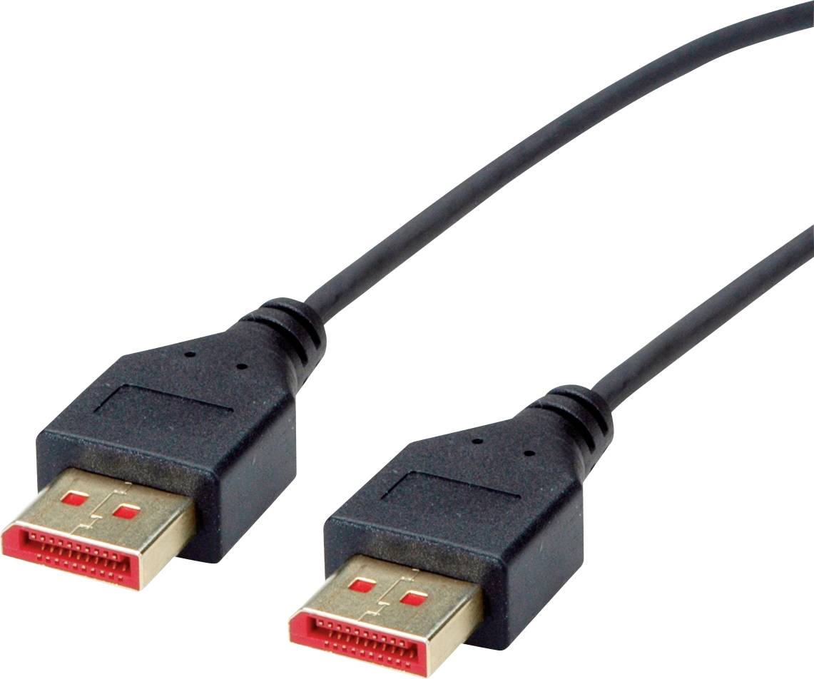 'Zwei schwarze DisplayPort-Kabel mit goldenen Anschlüssen, die zur Übertragung von Audio und Video genutzt werden.'