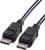 Ein schwarzes DisplayPort-Kabel mit zwei Steckern, die Details aufweisen. Geeignet zum Verbinden von Monitoren mit Computern.