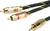 Drei Audiokabel mit goldenen Steckern: Zwei RCA-Stecker (weiß, rot) und ein Klinkenstecker. Kabel sind schwarz mit gelben Markierungen.