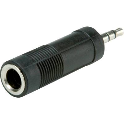 Ein schwarzer Audioklinken-Adapter mit 3,5 mm Stecker und 6,3 mm Buchse, häufig zur Verbindung von Kopfhörern oder Audiogeräten verwendet.