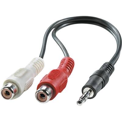 Ein Audiokabel mit zwei RCA-Anschlüssen (rot und weiß) und einem 3,5-mm-Klinkenstecker; dient der Verbindung von Audiogeräten.