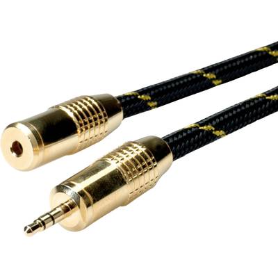 Goldfarbener Audiokabeladapter mit schwarzer, gelbmusterierter Ummantelung. Rechts ist der Stecker, links die Buchse.