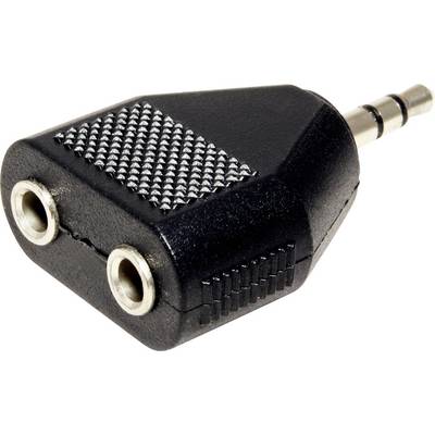 Schwarzer Audio-Adapter mit einem 3,5-mm-Stecker und zwei Buchsen.