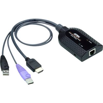 'ATEN HDMI-zu-USB-Konverter mit RJ45-Anschluss, zwei USB-Anschlüsse und HDMI-Stecker, für Video- und Datenübertragung.'