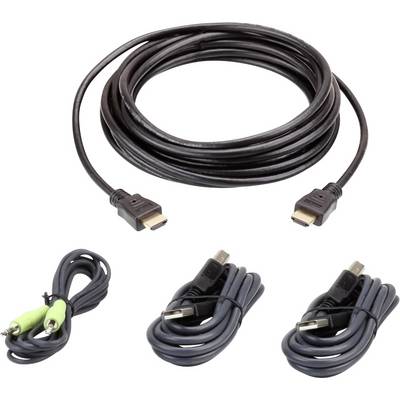'Ein HDMI-Kabel, ein Audio-Kabel mit grünen Steckern und zwei USB-Kabel auf weißem Hintergrund.'