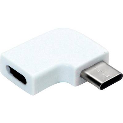 Ein weißer USB-C-Adapter für eine rechtwinklige Verbindung eines USB-C-Kabels zu einem Gerät, nützlich bei Platzmangel.