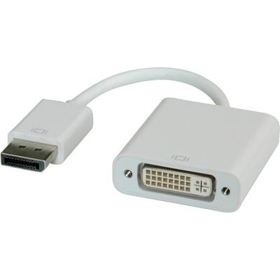 Ein weißer DisplayPort-zu-DVI-Adapter mit Stecker und Buchse, verwendet zur Verbindung von Computern mit Monitoren oder Projektoren.