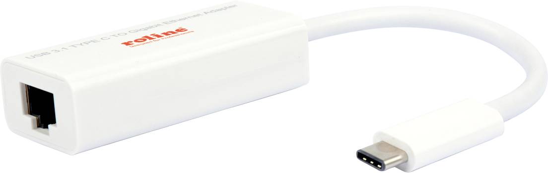 Weißer USB-C-zu-Ethernet-Adapter mit rotem Logo, zur Verbindung von Geräten mit einem kabelgebundenen Netzwerk.