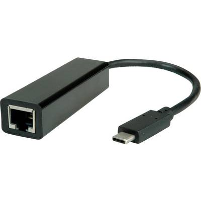 'Ein schwarzer USB-C-auf-Ethernet-Adapter mit einem USB-C-Stecker auf der einen Seite und einem Ethernet-Anschluss auf der anderen.'