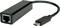 'Ein schwarzer USB-C-auf-Ethernet-Adapter mit einem USB-C-Stecker auf der einen Seite und einem Ethernet-Anschluss auf der anderen.'