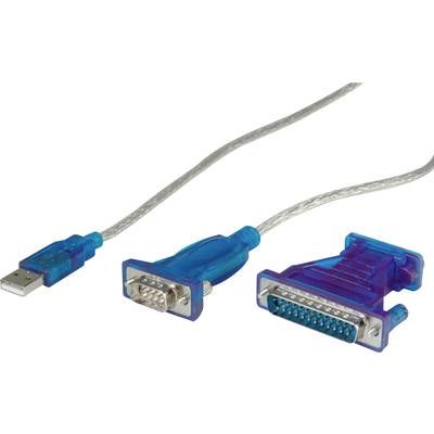 'Drei Arten von Datenkabeln: USB, VGA und Parallelkabel, jeweils mit blauen Kunststoffsteckern und durchsichtigem Kabelmantel.'