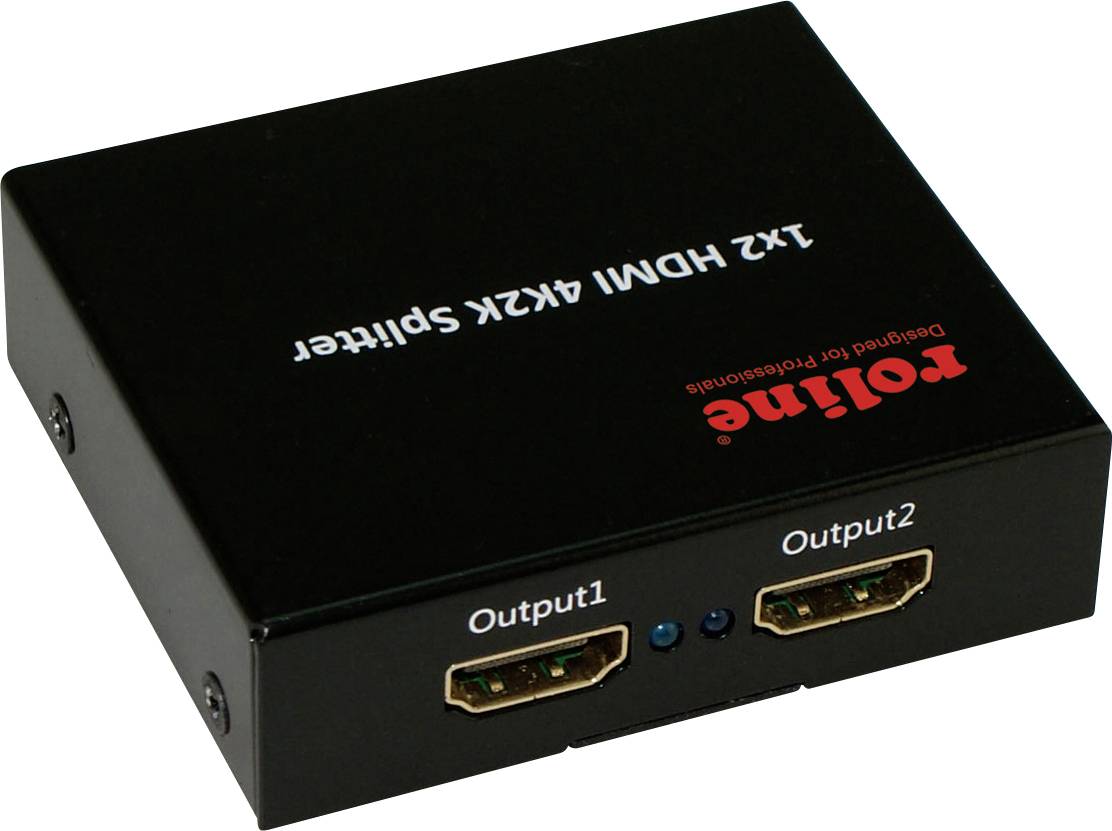Ein schwarzer HDMI-Splitter mit zwei Ausgängen, beschriftet als 'Output1' und 'Output2', für die Verteilung von 4K-Signalen.