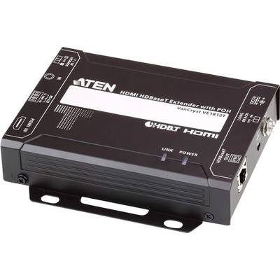 Schwarzes HDMI HDBaseT Extender-Gerät mit POH, Modell 'VanCryst VE1812T' von ATEN. Verfügt über HDMI-, HDBaseT-Anschlüsse und Status-LEDs.