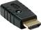 Ein schwarzer HDMI-Stecker mit goldener Spitze und abgerundetem rechteckigem Design, zur Verbindung von Multimedia-Geräten.