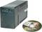 Ein schwarzes unterbrechungsfreies Stromversorgungssystem (USV) neben einer Software-CD mit der Aufschrift 'UPSMON'.