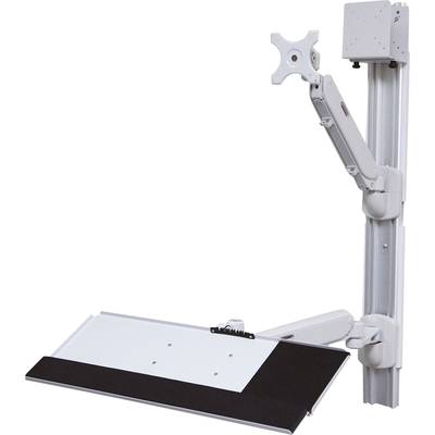 Ein verstellbarer Monitorarm mit Tastaturablage zur Wandmontage. Schwenkbar und neigbar, geeignet zur ergonomischen Arbeitsplatzgestaltung.