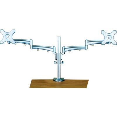 Ein doppelter Monitorhalter aus Metall auf Holzunterlage, mit Gelenkarmen zur flexiblen Positionierung von zwei Bildschirmen.