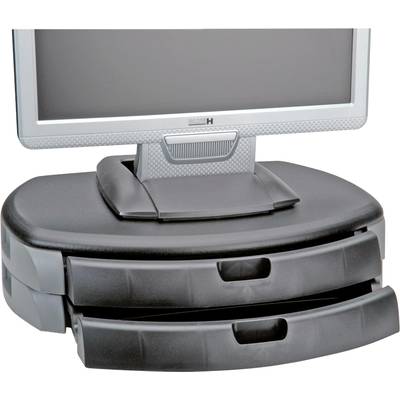 Ein Computer-Monitor steht auf einer Monitorerhöhung mit zwei Schubladen, die zur Aufbewahrung von Zubehör genutzt werden können.