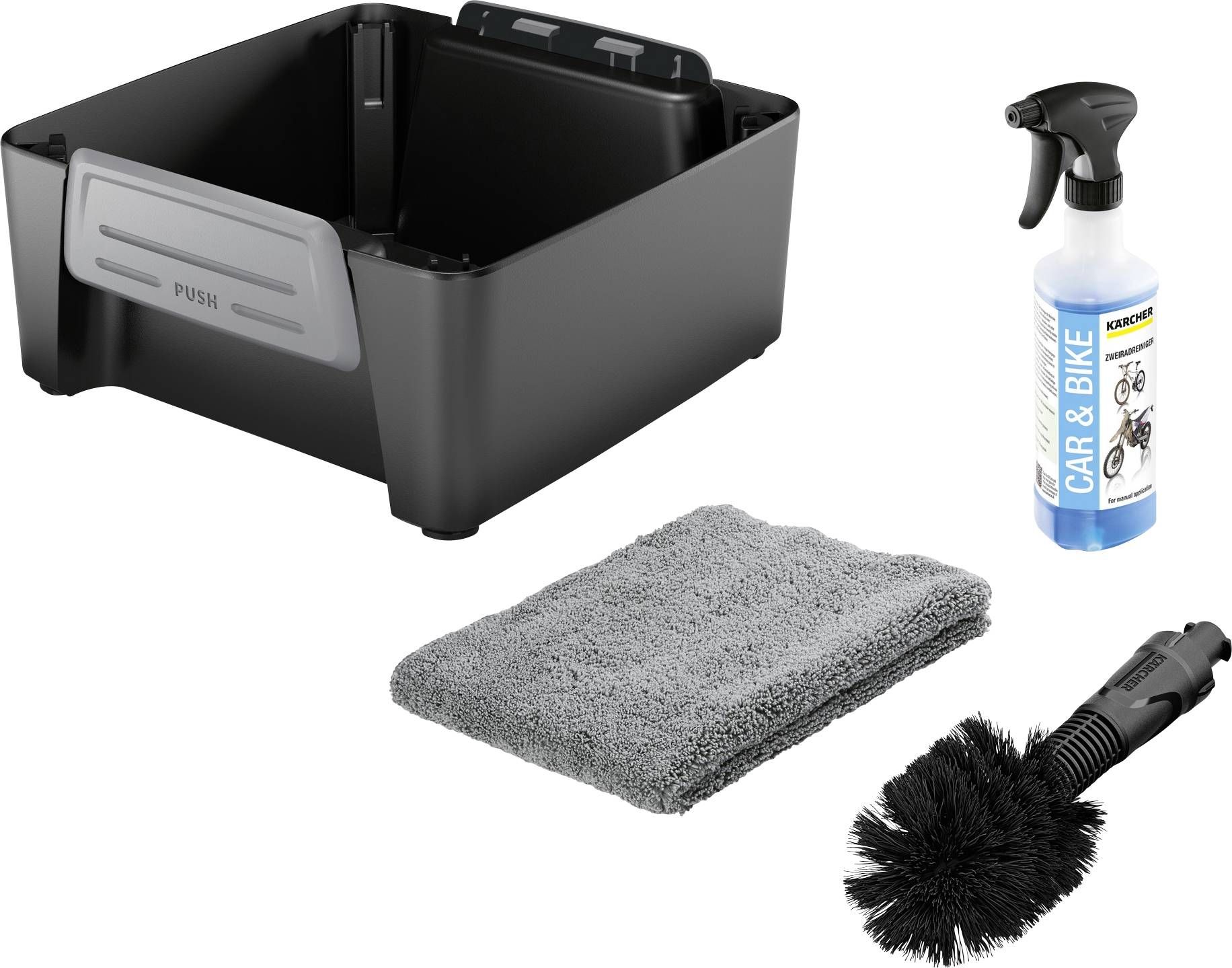 Reinigungsset bestehend aus einem schwarzen Eimer, einer Sprühflasche mit 'Car & Bike'-Reiniger, einem grauen Tuch und einer Bürste.