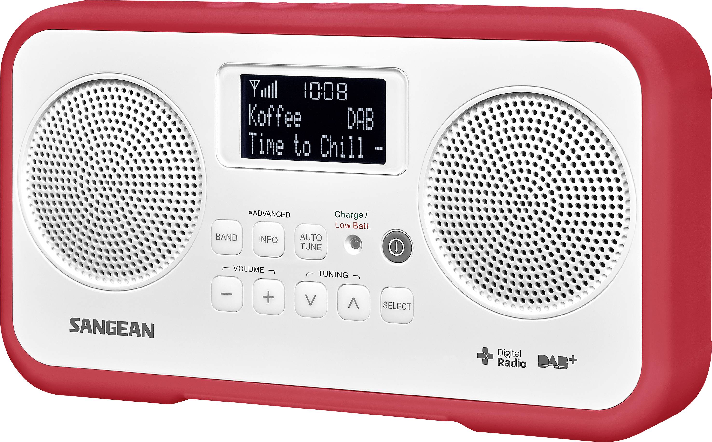Rotes Digitalradio mit zwei Lautsprechern und Display. Angezeigt wird 'Koffee DAB, Time to Chill'. Tasten zur Steuerung darunter.
