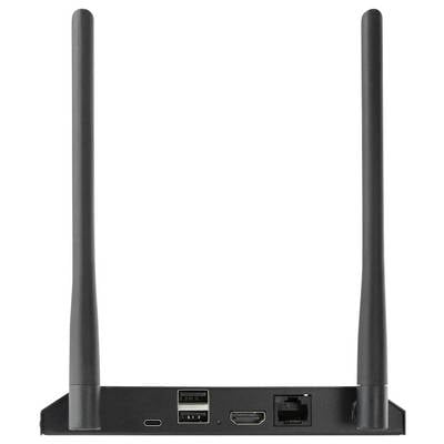 Ein WLAN-Router mit zwei Antennen, zwei USB-Anschlüssen, einem HDMI-Anschluss und einem Ethernet-Port auf der Rückseite.