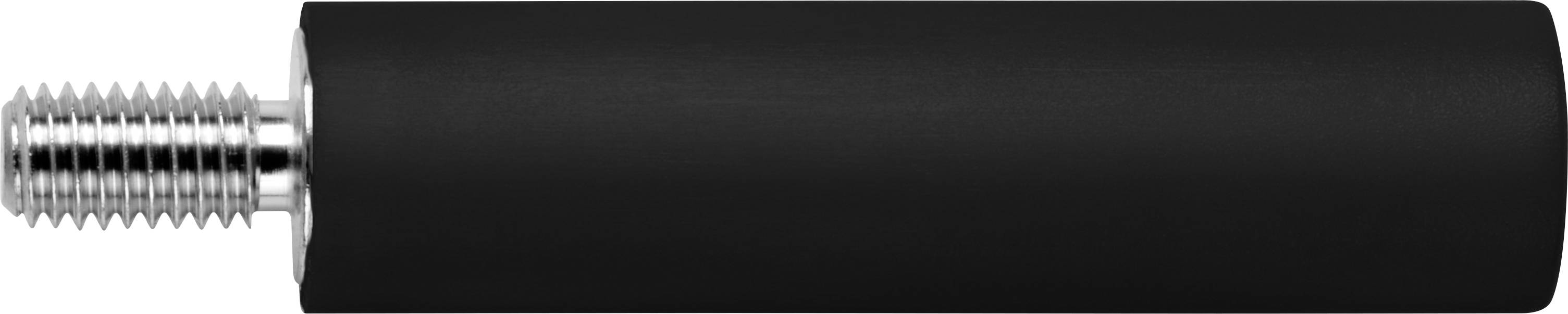 Eine schwarze Metallrolle mit einem silbernen, geätzten Schraubengewinde auf der linken Seite, isoliert auf weißem Hintergrund.