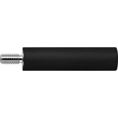 Eine schwarze Metallrolle mit einem silbernen, geätzten Schraubengewinde auf der linken Seite, isoliert auf weißem Hintergrund.