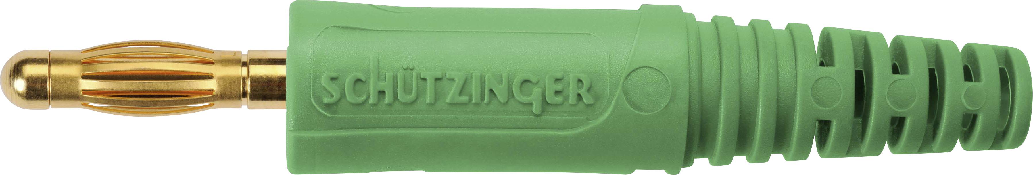 Grüner Stecker mit Aufschrift 'Schützinger', vergoldeter Anschluss.