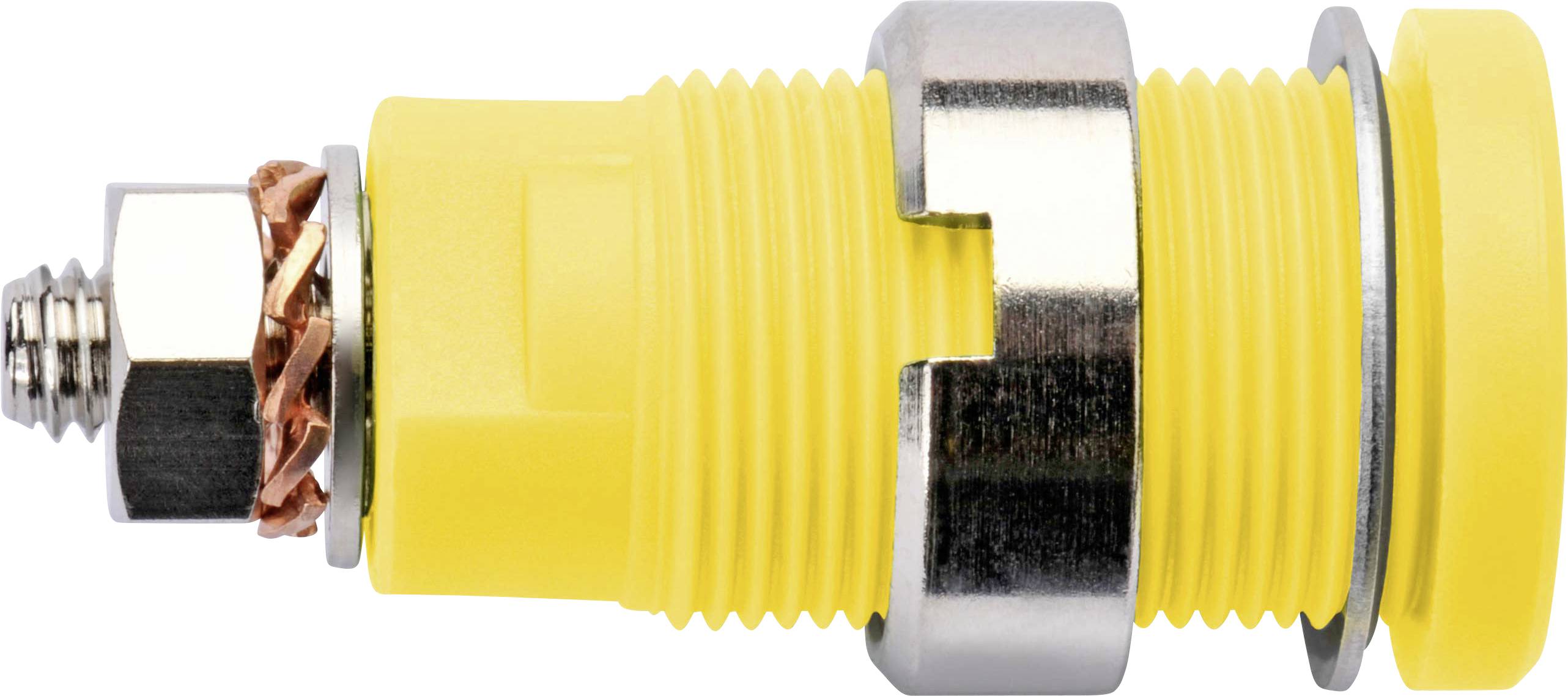 Gelber, zylindrischer Sensor mit Metallverschraubung und einer Kabelbefestigung. Wird in industriellen Anwendungen zur Abstandserkennung verwendet.