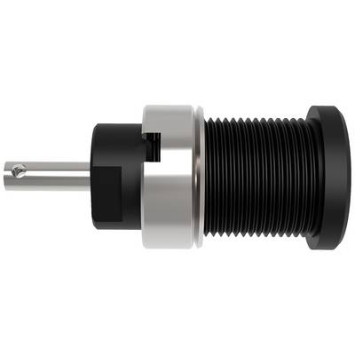 Schwarzer und silberner zylindrischer Stecker mit geriffelten Seiten und zwei Metallstiften an einem Ende, vor weißem Hintergrund.