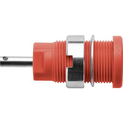 Rote, zylindrische Metallsteckverbindung mit Gewinde und Metallmanschette, geeignet für elektrische oder mechanische Anwendungen.