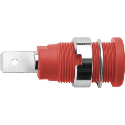 Ein roter, zylindrischer, metallischer Steckverbinder mit seitlicher Befestigung und einer runden Öffnung an einem Ende.