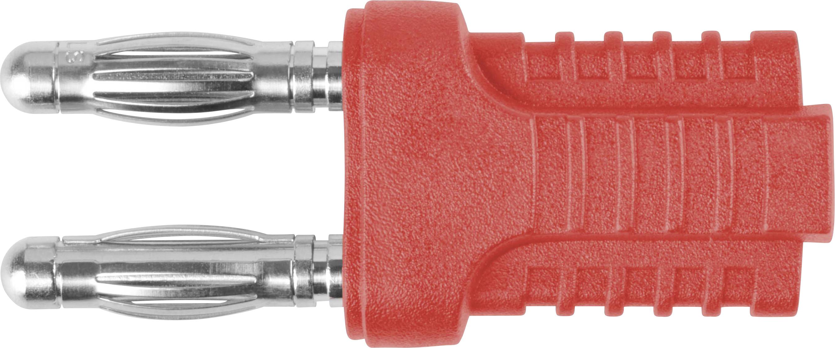 Ein roter Bananenstecker mit zwei Metallanschlüssen. Hauptsächlich für Audio- und Elektronikverbindungen verwendet.