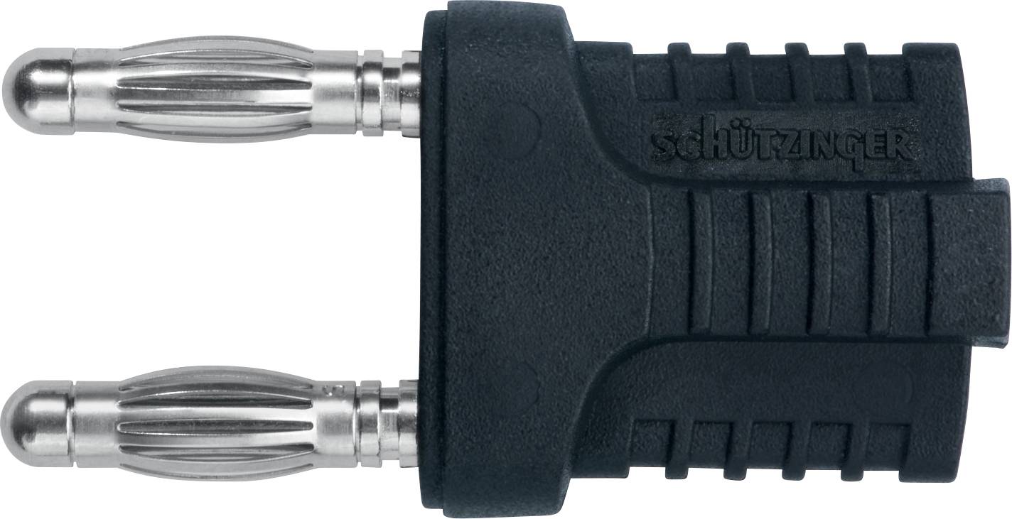 Schwarzer Bananenstecker-Adapter mit zwei Metallspitzen und geriffelter Oberfläche. Text 'Schützinger' auf dem Stecker.